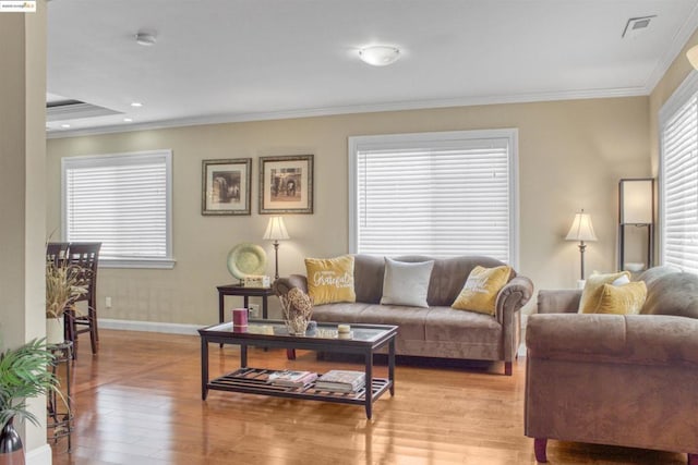 living room featuring crown molding and light wood-type flooring