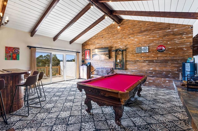 rec room featuring beamed ceiling, wood walls, high vaulted ceiling, and billiards