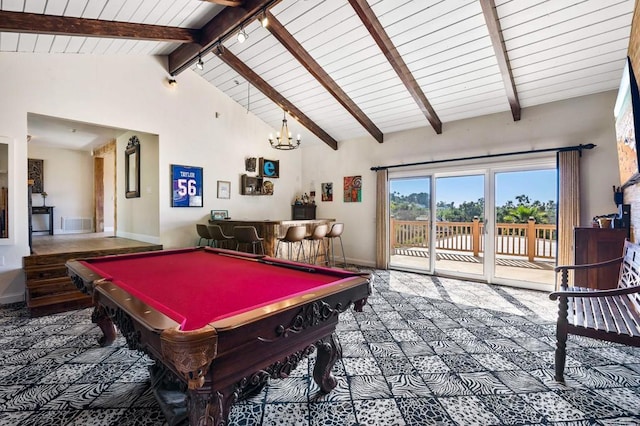 game room featuring bar area, high vaulted ceiling, pool table, wooden ceiling, and beam ceiling