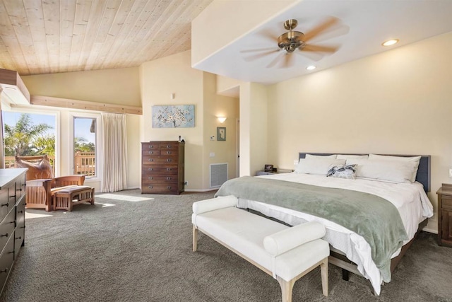 bedroom with vaulted ceiling, dark carpet, wood ceiling, and ceiling fan