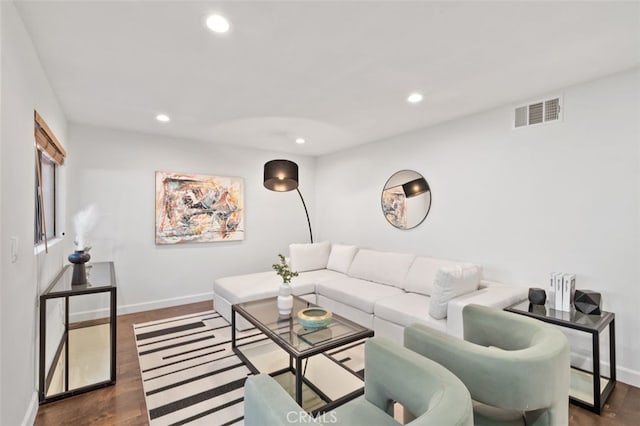 living room featuring dark wood-type flooring