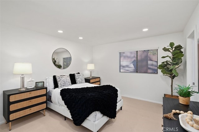 bedroom with light carpet, baseboards, and recessed lighting