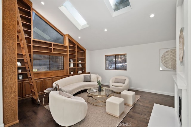 living room featuring lofted ceiling with skylight, baseboards, dark wood-type flooring, and recessed lighting