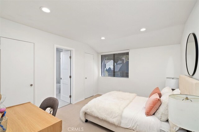 bedroom with lofted ceiling and ensuite bathroom