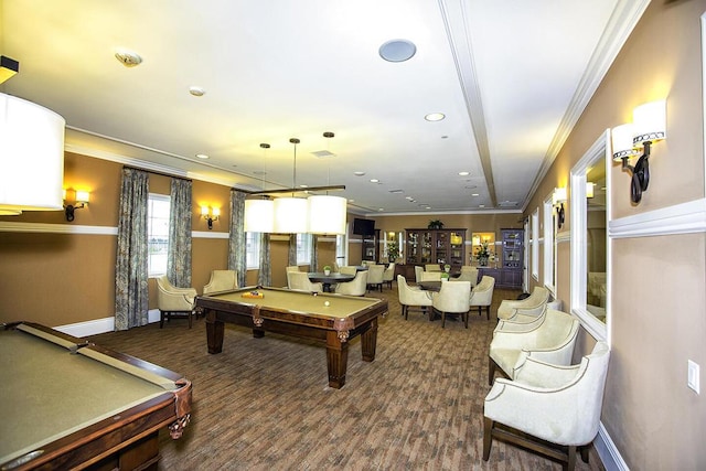 rec room featuring ornamental molding, hardwood / wood-style floors, and billiards