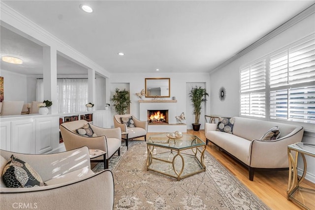 living room featuring ornamental molding and light hardwood / wood-style floors