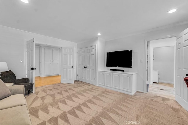 carpeted living room with crown molding and radiator heating unit