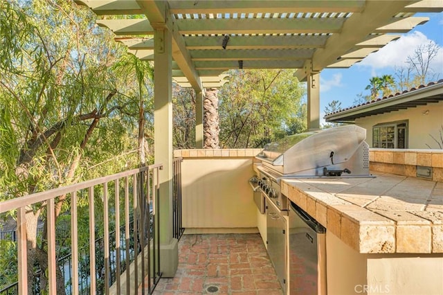 view of patio featuring area for grilling, a pergola, and a grill