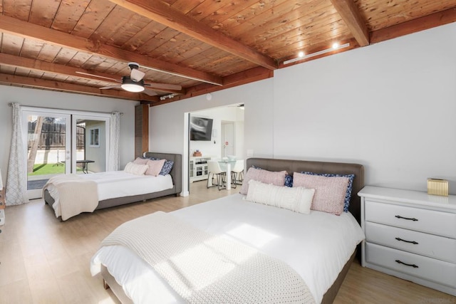 bedroom featuring light wood-type flooring, beamed ceiling, ceiling fan, and wood ceiling