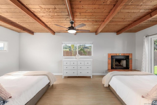 bedroom featuring ceiling fan, beamed ceiling, and wooden ceiling