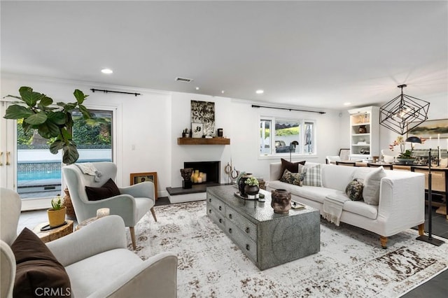 living room with crown molding