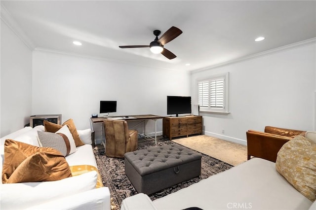 living room featuring carpet floors, ornamental molding, and ceiling fan