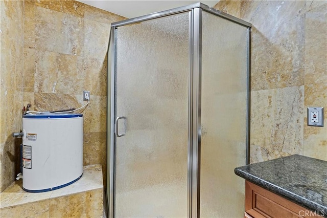 bathroom with a shower with door and water heater