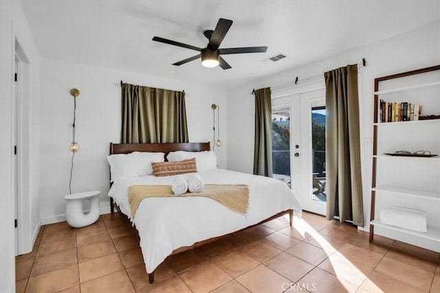 tiled bedroom featuring access to exterior, ceiling fan, and french doors