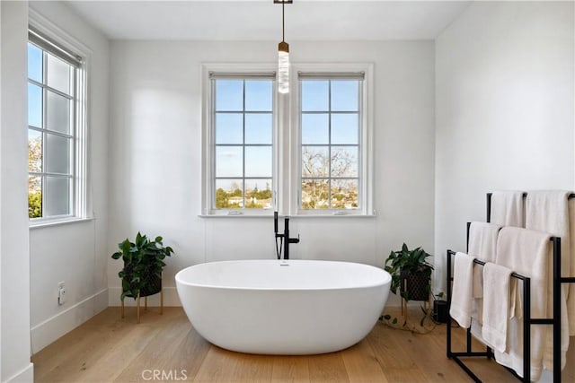 bathroom with a soaking tub, baseboards, and wood finished floors