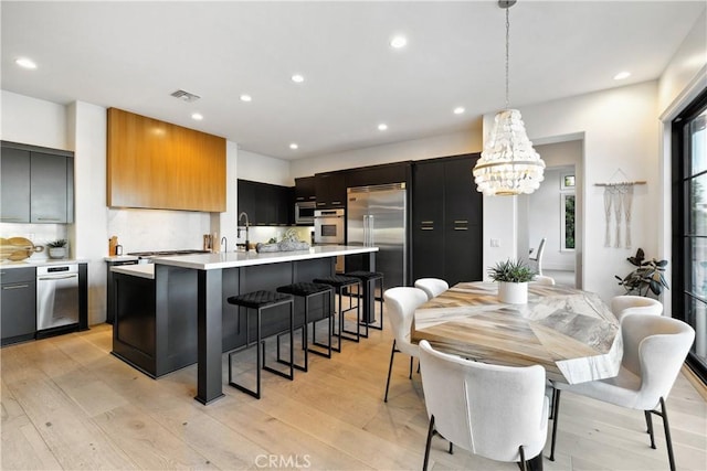 kitchen featuring appliances with stainless steel finishes, a kitchen island with sink, light countertops, and light wood finished floors