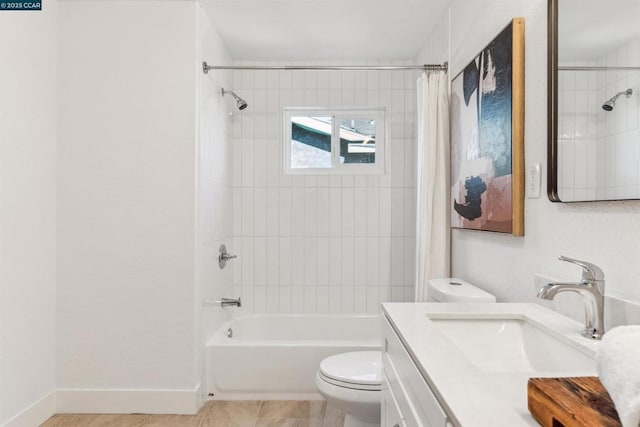 full bathroom with tile patterned floors, toilet, vanity, and shower / bathtub combination with curtain