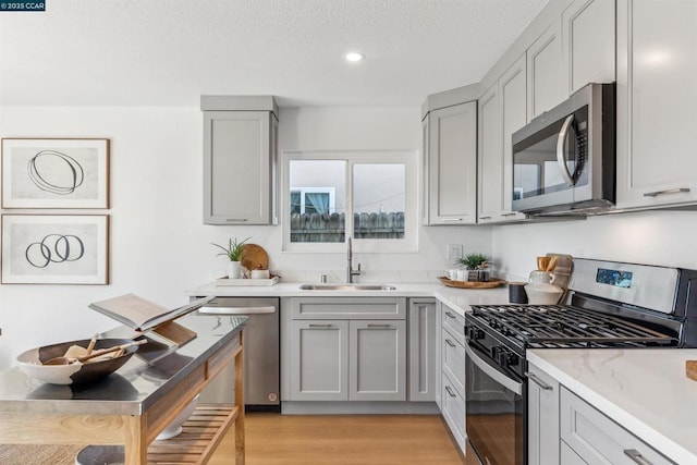 kitchen with a textured ceiling, stainless steel appliances, sink, gray cabinets, and light wood-type flooring