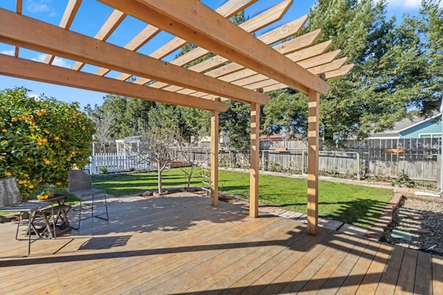 wooden deck with a pergola and a lawn