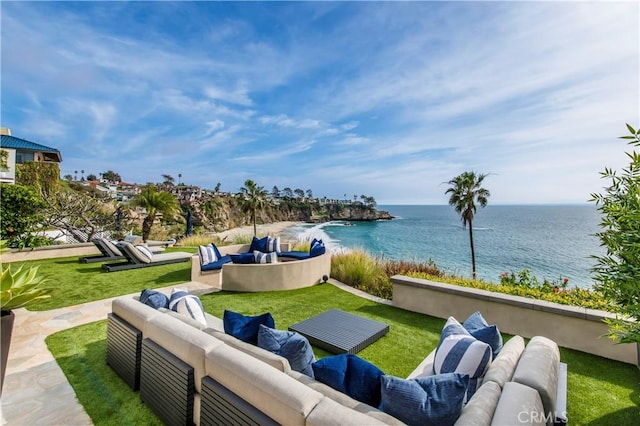 view of patio with a water view and an outdoor hangout area