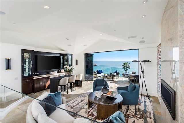 living room with lofted ceiling