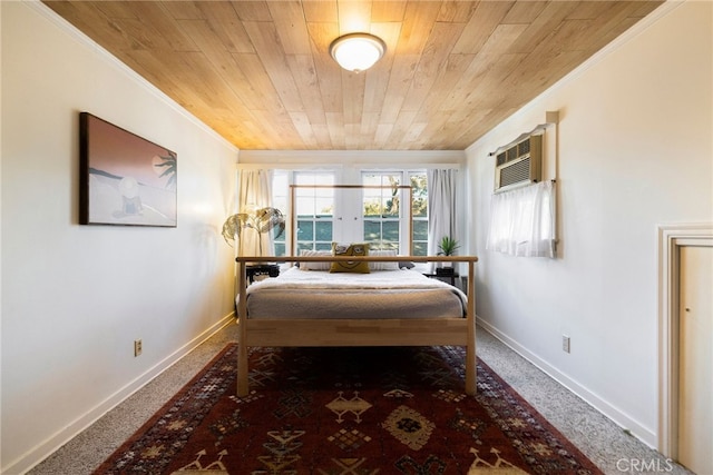 bedroom featuring carpet flooring, a wall mounted AC, ornamental molding, wood ceiling, and french doors