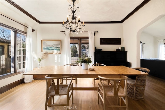 dining space featuring crown molding, a healthy amount of sunlight, and hardwood / wood-style floors