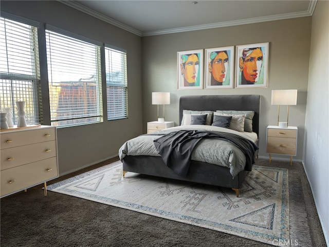 carpeted bedroom featuring crown molding