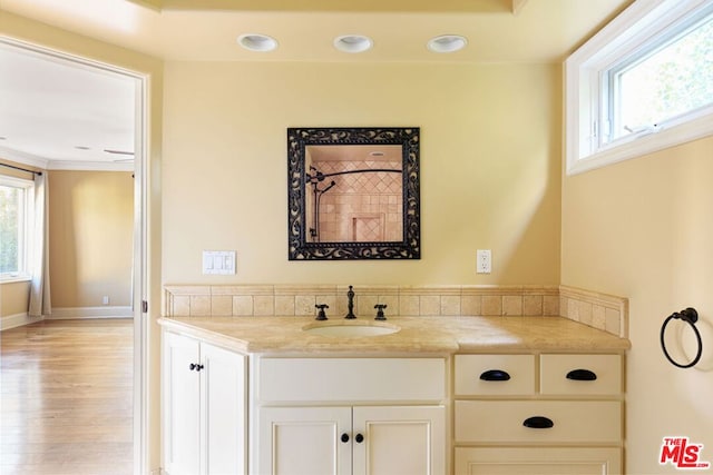 bathroom with hardwood / wood-style flooring and vanity