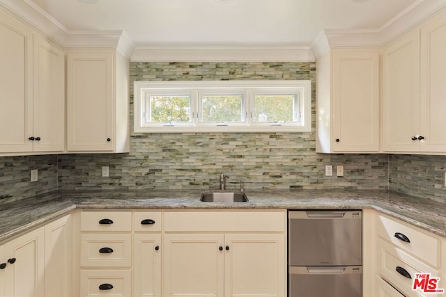 kitchen with crown molding, stone countertops, dishwasher, sink, and tasteful backsplash