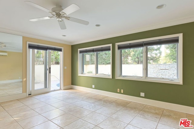 spare room featuring crown molding, a wall mounted air conditioner, light tile patterned floors, and ceiling fan