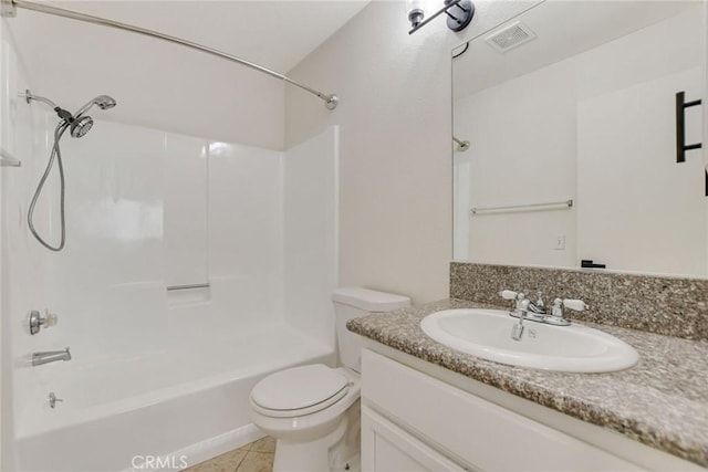 full bathroom with vanity, toilet, shower / bathtub combination, and tile patterned flooring