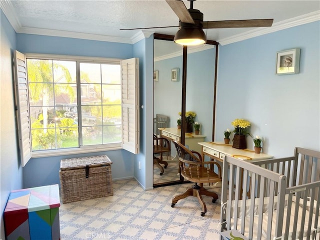 home office with ceiling fan, a healthy amount of sunlight, crown molding, and a textured ceiling