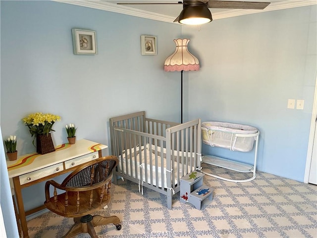 carpeted bedroom with a nursery area and ornamental molding