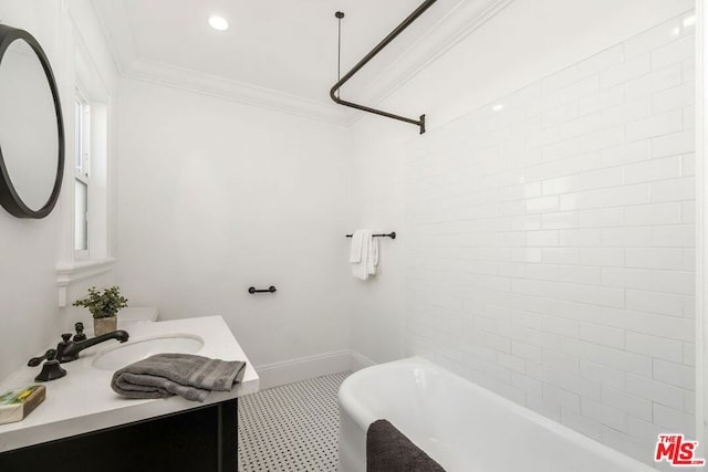 bathroom with shower / bath combination, vanity, and ornamental molding