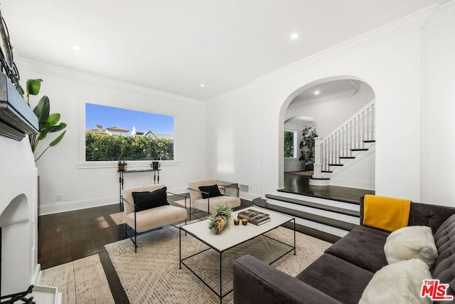 living room with wood-type flooring and crown molding