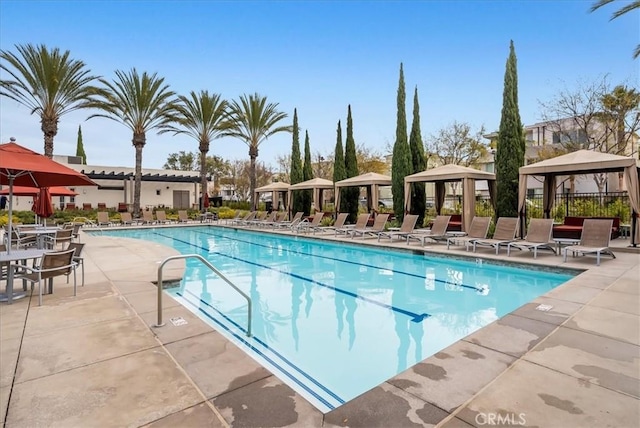 view of pool featuring a gazebo and a patio area