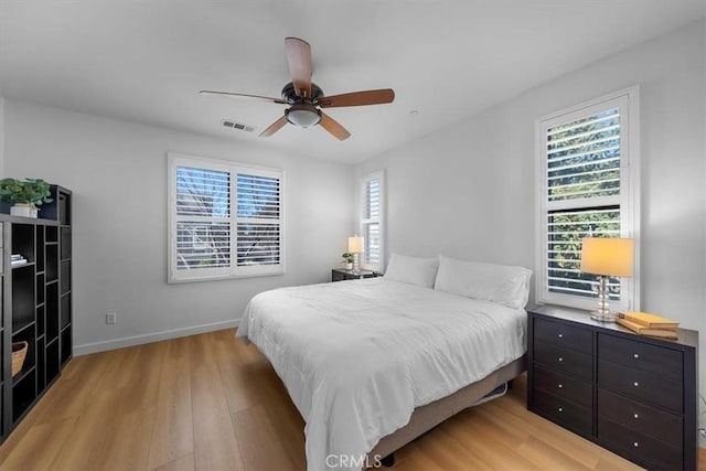 bedroom with ceiling fan and light hardwood / wood-style flooring