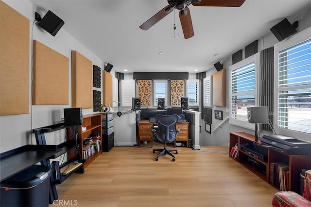 office area featuring ceiling fan and light hardwood / wood-style flooring