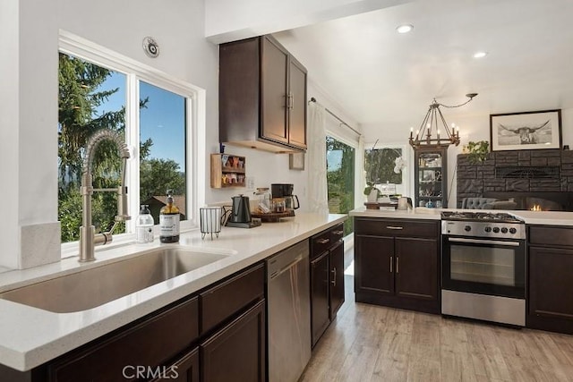 kitchen featuring dark brown cabinets, light hardwood / wood-style flooring, sink, a stone fireplace, and stainless steel appliances