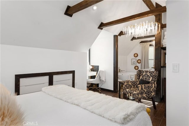 bedroom featuring vaulted ceiling with beams