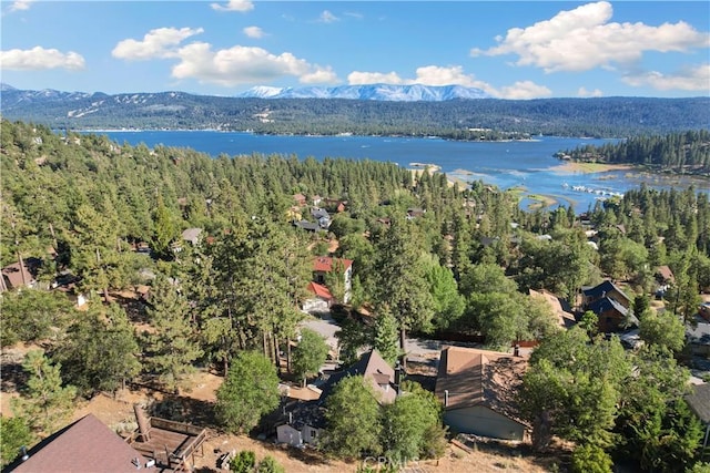 bird's eye view featuring a water and mountain view