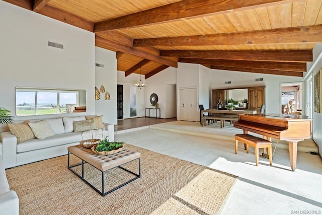 carpeted living room with beamed ceiling, wooden ceiling, a healthy amount of sunlight, and a notable chandelier