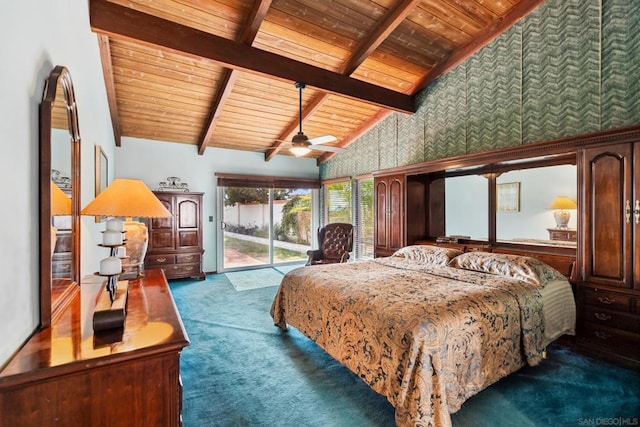 carpeted bedroom featuring wood ceiling, lofted ceiling with beams, and access to outside