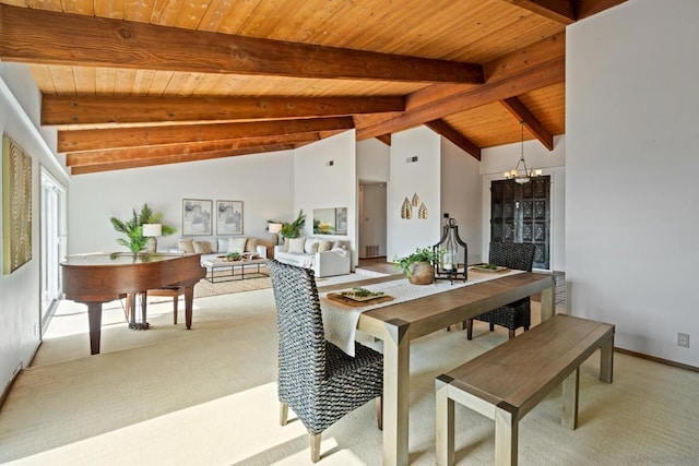 dining area featuring lofted ceiling with beams, light colored carpet, wooden ceiling, and a chandelier