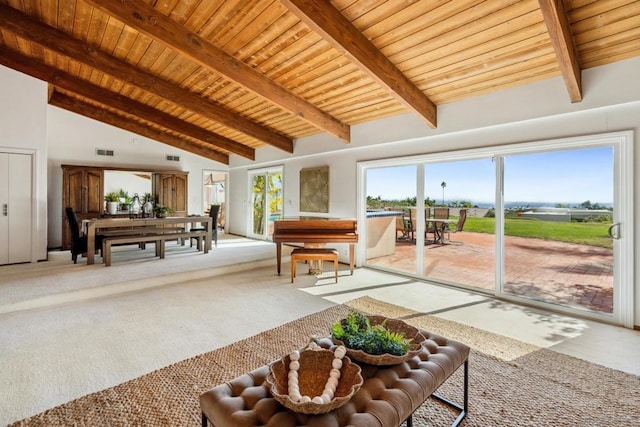 interior space featuring beamed ceiling, wood ceiling, high vaulted ceiling, and light carpet