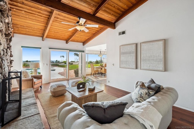 living room with plenty of natural light, dark hardwood / wood-style floors, beam ceiling, and wooden ceiling