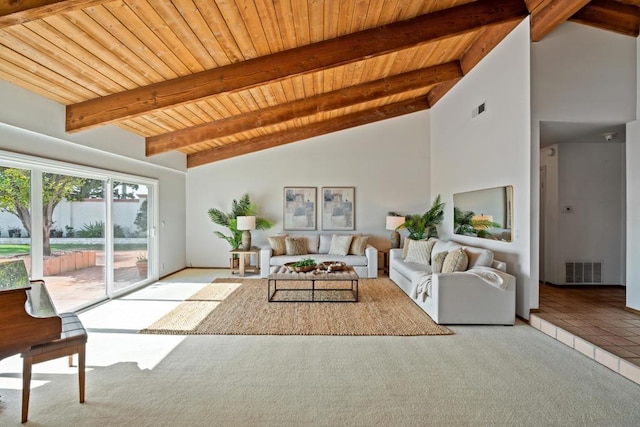 living room featuring wood ceiling, light colored carpet, beam ceiling, and high vaulted ceiling