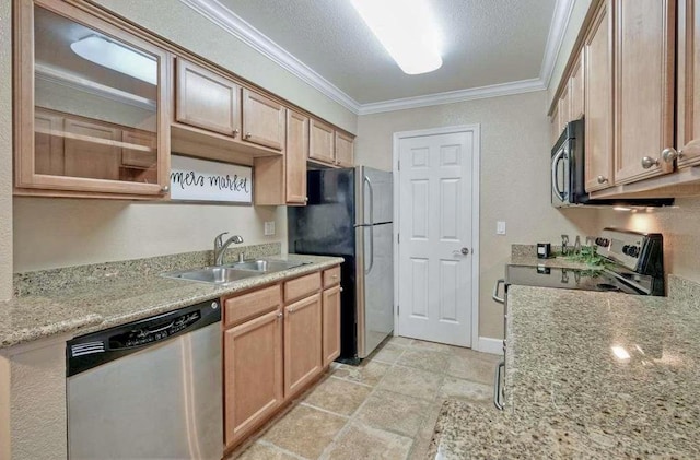 kitchen with appliances with stainless steel finishes, sink, light stone counters, crown molding, and a textured ceiling