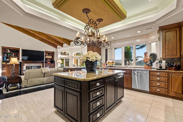 kitchen featuring dishwasher, a center island, light tile patterned flooring, light stone counters, and dark brown cabinets